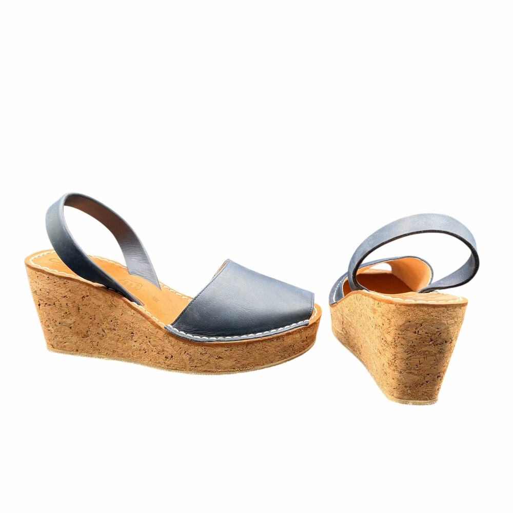 Calaxini Blue Leather Cork Wedge Avarcas Sandals EU 39 US 8–8.5
